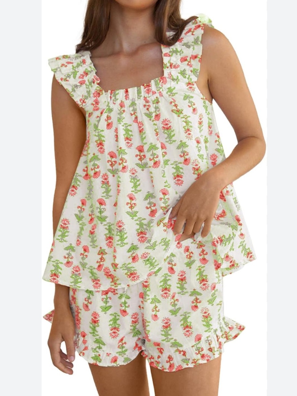 White Floral Off Ruffle Top & Shorts Pajama Set Sz M - Picture 2 of 8